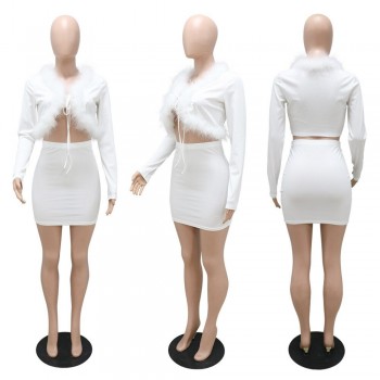  Two 2 Piece Skirt Sets Women Lace Up Feather Long Sleeve Cardigan Coat Mini Skirts Set White